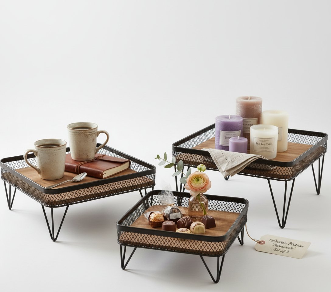 Lot de trois plateaux de présentation. Design industriel métal noir et bois 