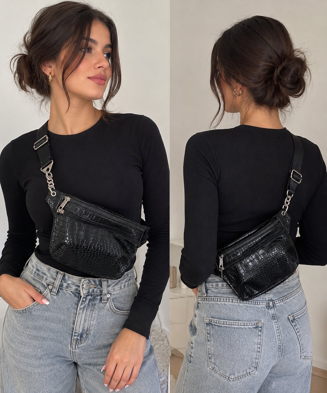 Sac banane noir effet croco avec double fermeture