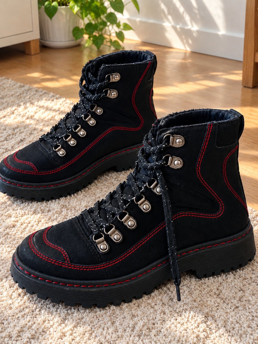 Bottines noires à lacets et coutures rouges