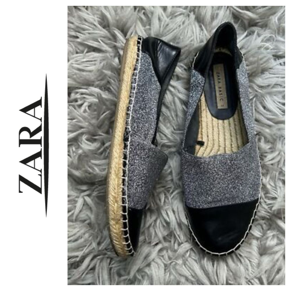 Espadrilles plates à paillettes noires et argentées ZARA