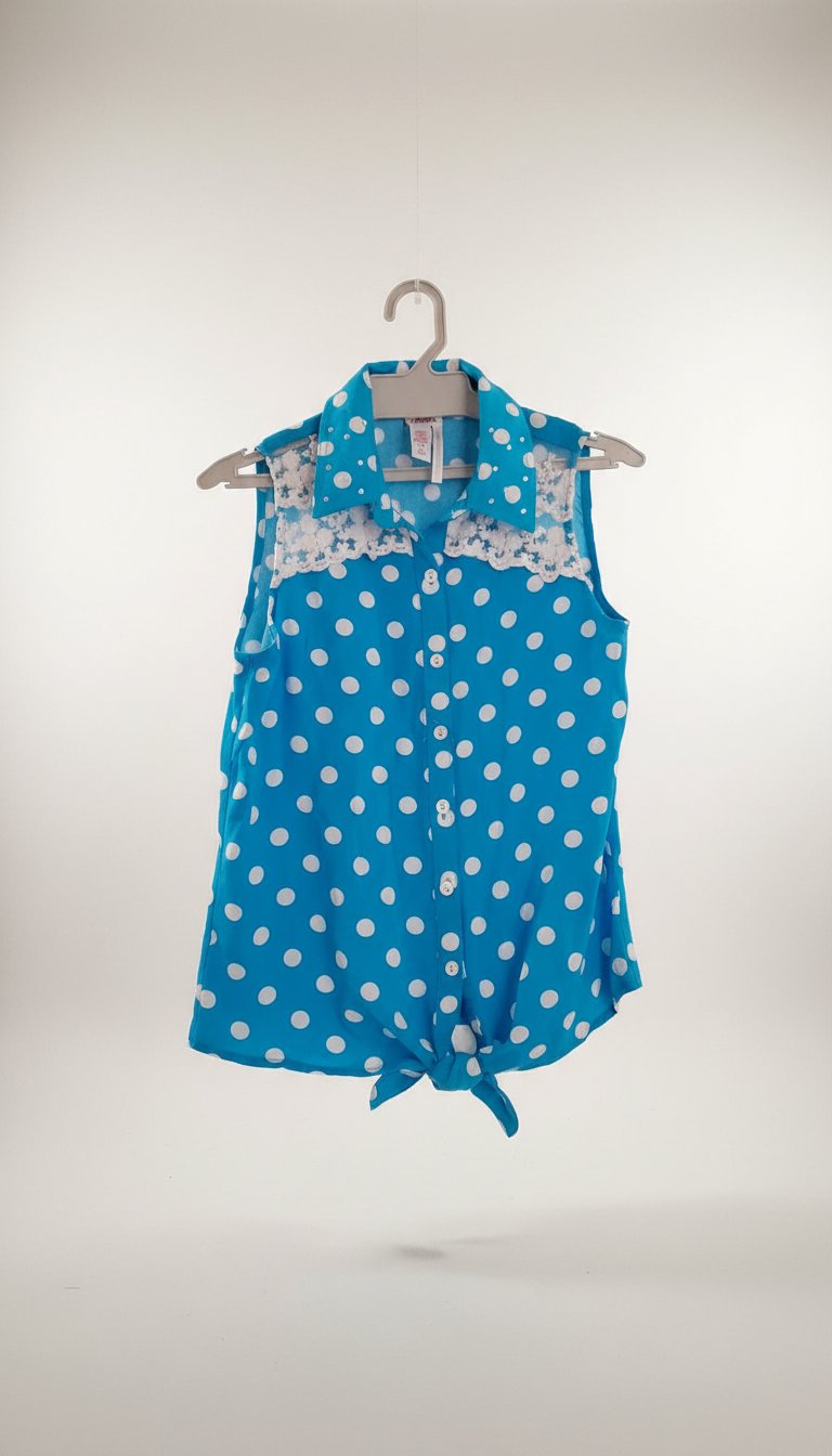 Très jolie chemise bleue avec des points blanc + un peux de dentelle pre de les épaules+ des estrass