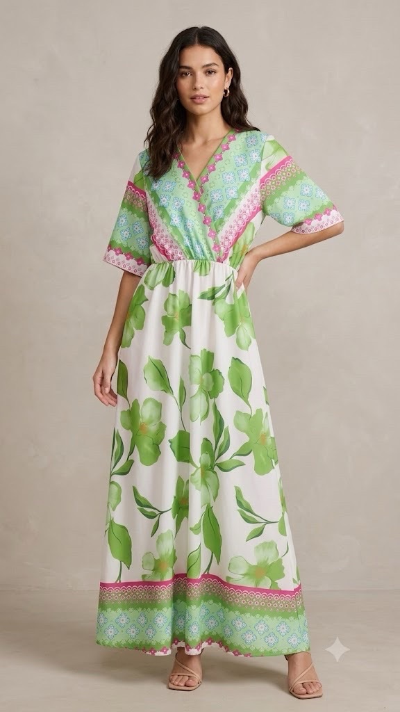 Robe Maxi d'été Fluide – Motif Floral et Bohème (Vert & Rose)