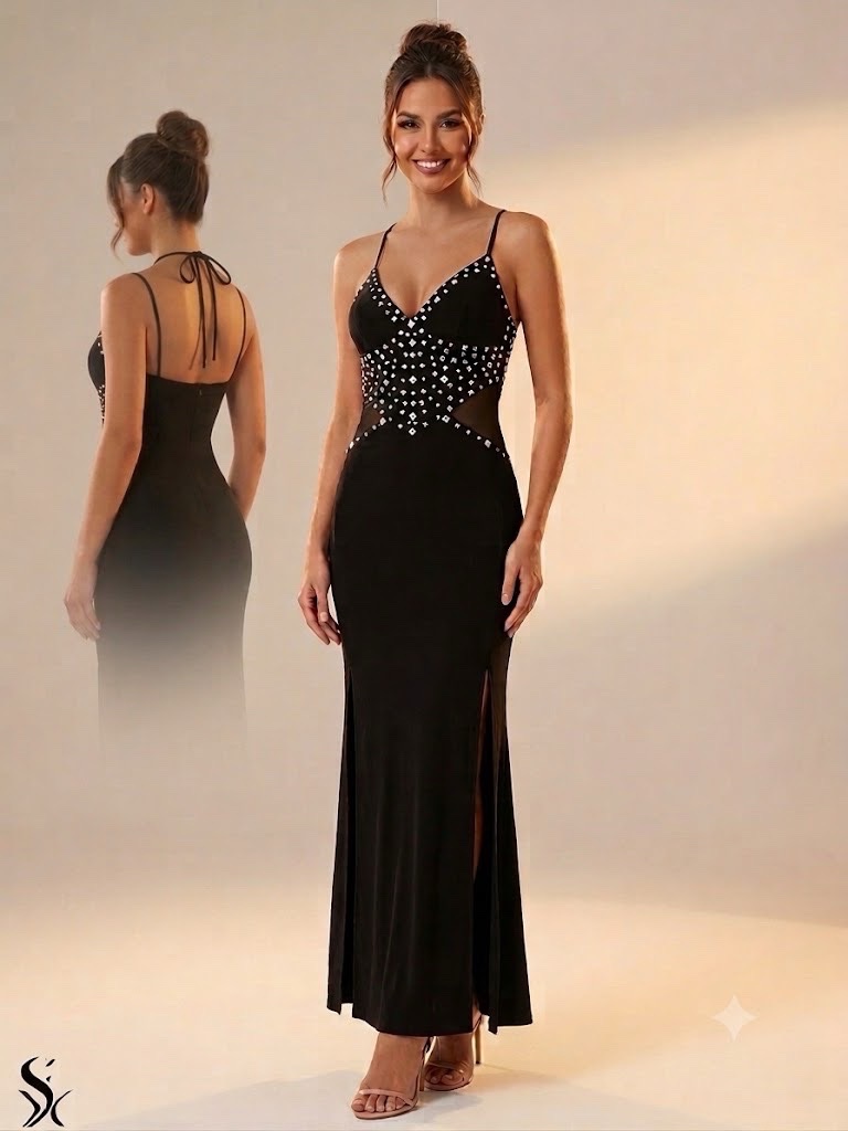 Robe de soirée chic en Noir et Strass