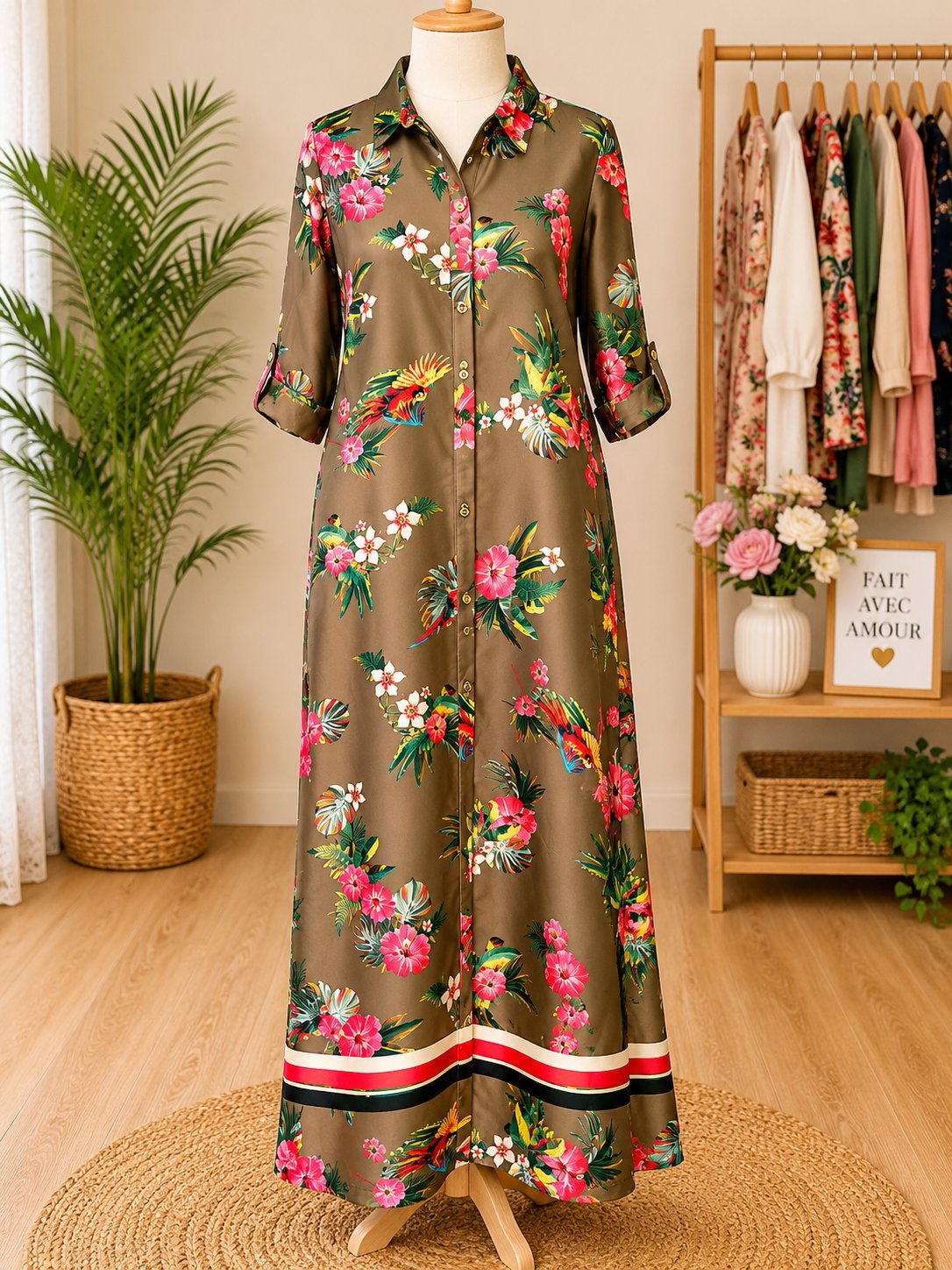 Robe chemise longue à imprimé tropical