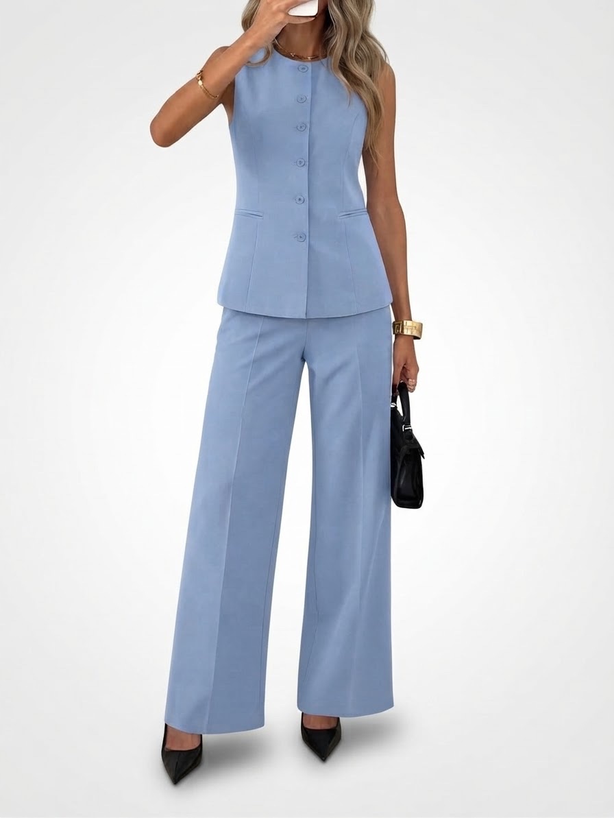 Ensemble gilet tailleur & pantalon large bleu ciel – Très bon état