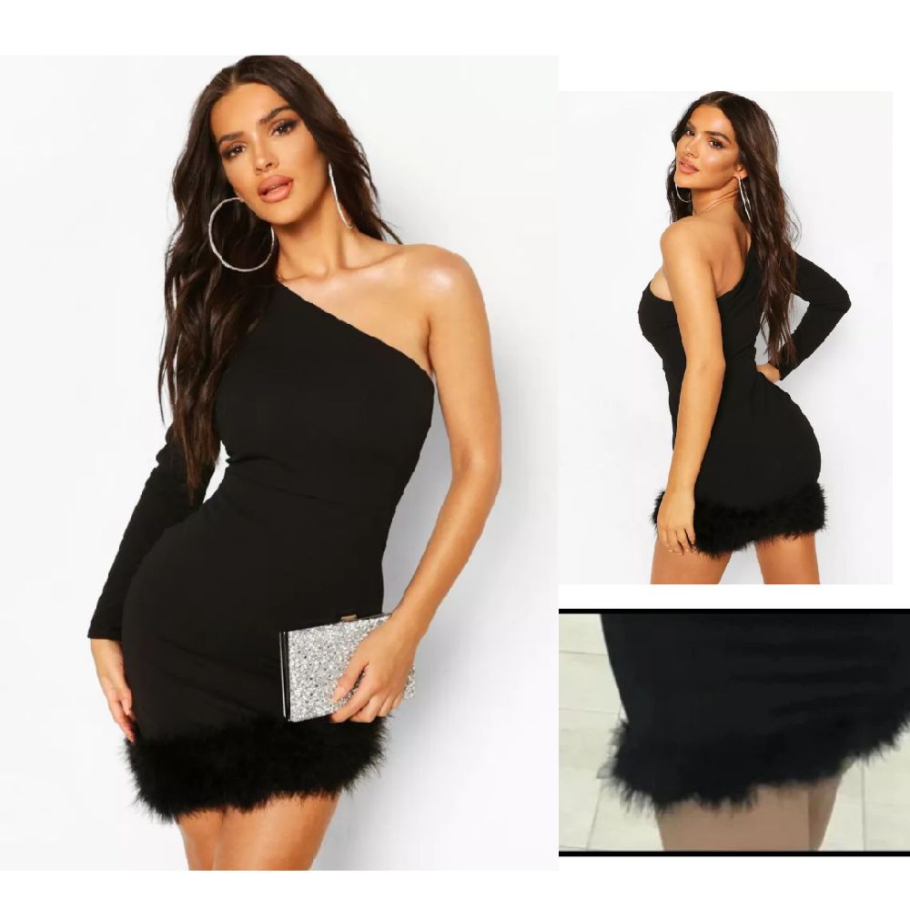 Robe mi-longue noir asymétrique ornée de plumes 🖤🌹💄👠🌺 S/M