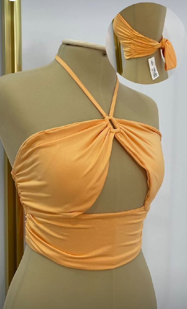 CROP TOP 🧡 L 🍑 ORANGE 🧡 MATIÈRE CÔTELÉ CROISÉ 🧡AU COUD AVEC 🍊 ANNEAUX 🍑