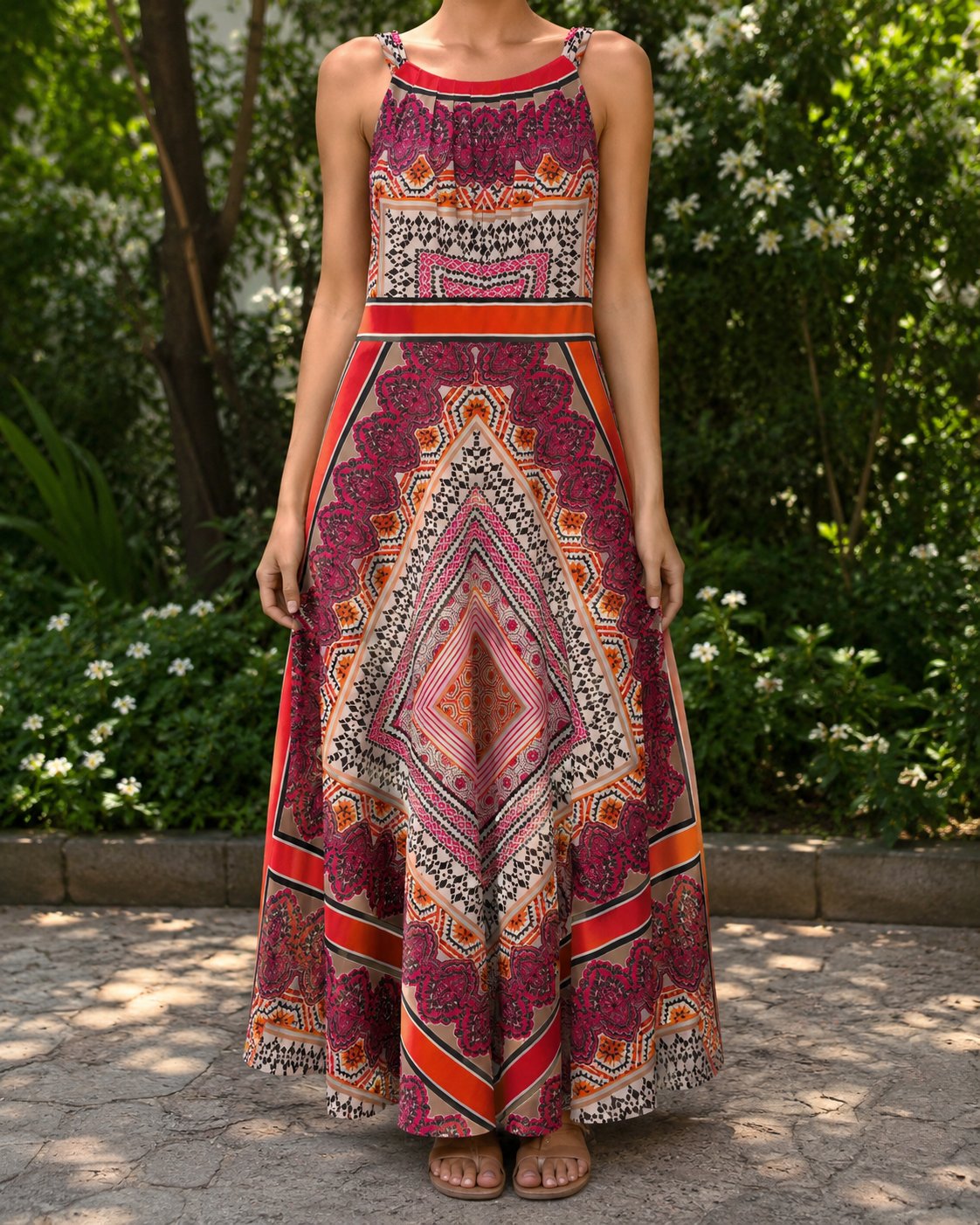 Robe longue imprimée style bohème – rouge et fuchsia