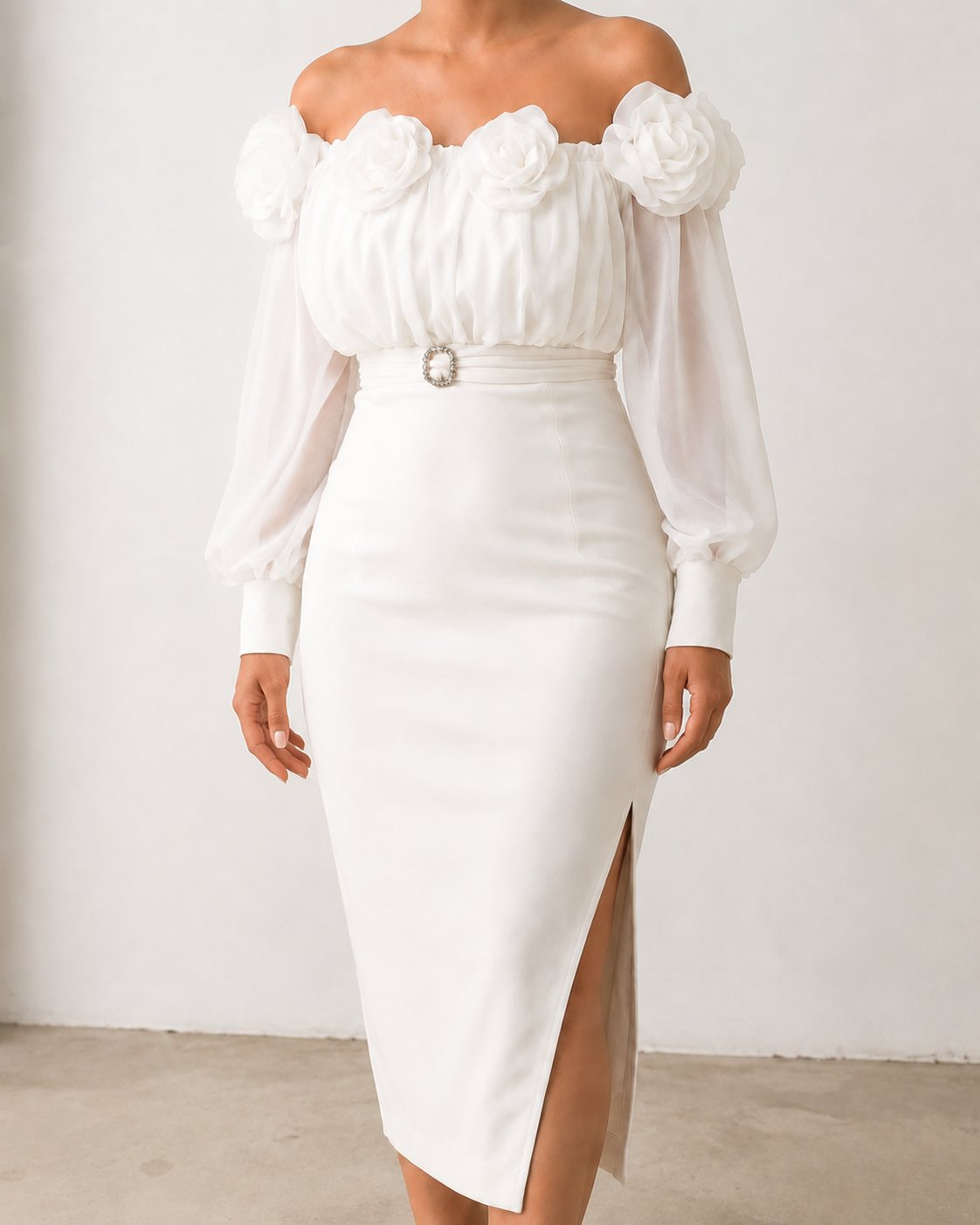 Robe blanche élégante à fleurs 3D – cérémonie / soirée