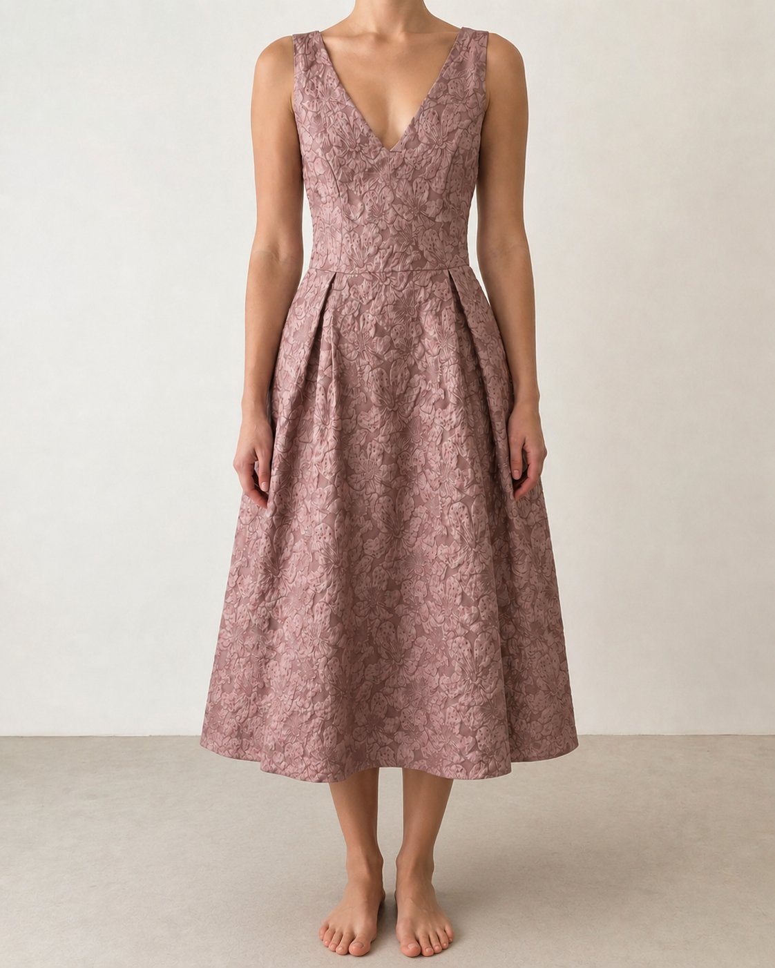 Robe rose poudré jacquard 3/4 – cérémonie / invitée mariage