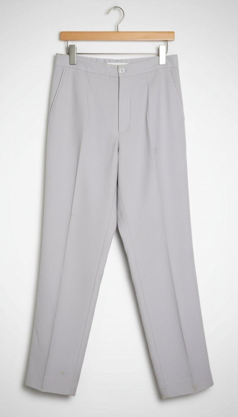 Pantalon gris de style classique présente une taille haute avec un bouton unique et des plis marqués