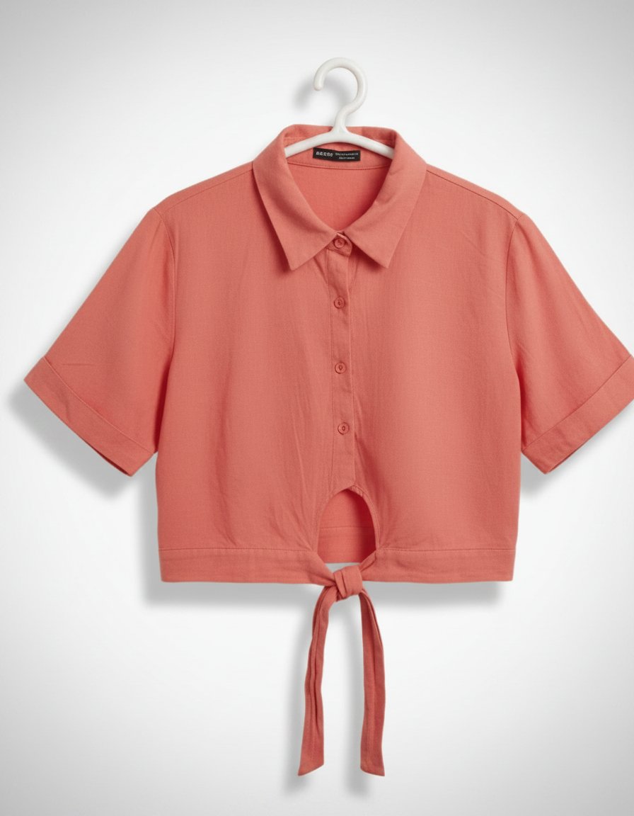  chemise courte corail de la marque SHEIN se distingue par sa fermeture boutonnée et son lien à nouer sur le devant.