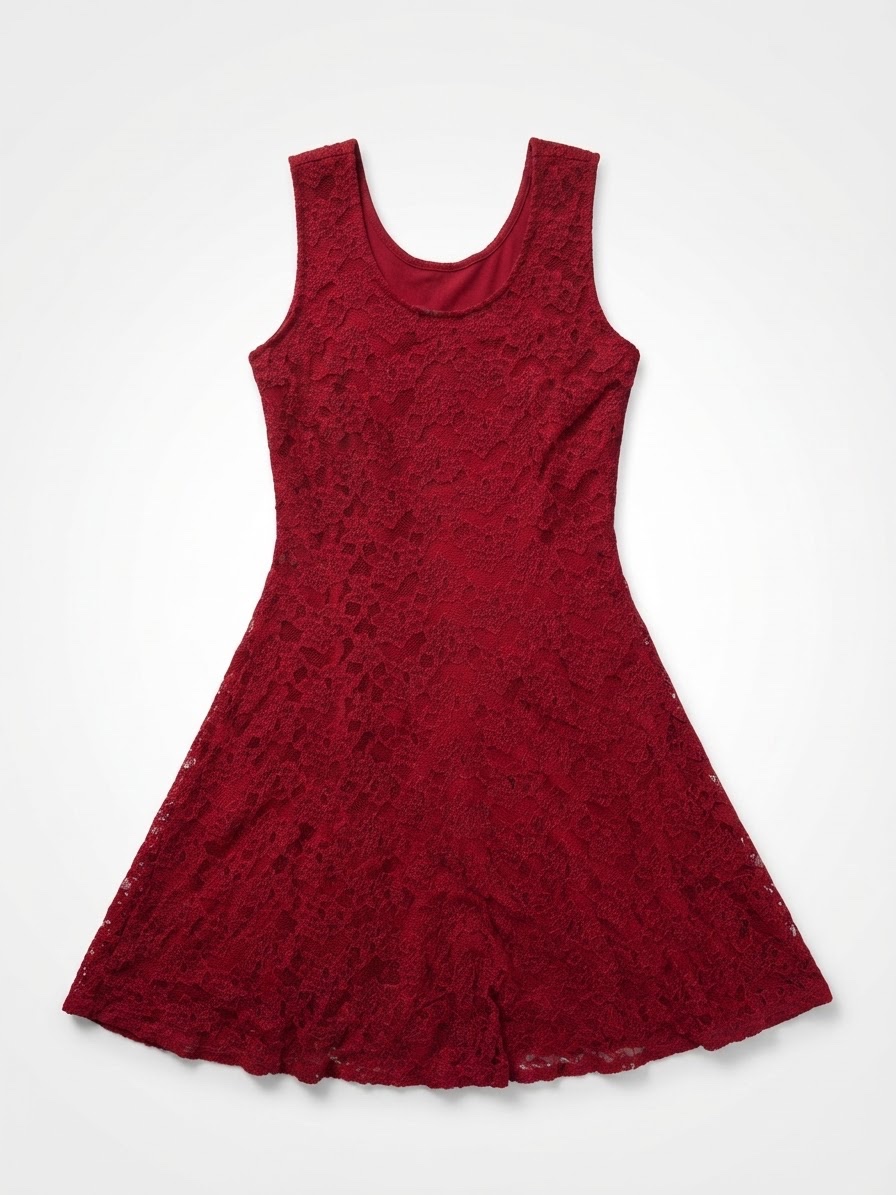 Burgundy sleeveless floral lace skater dress features an elegant scoop neckline and an flared A-line silhouette.