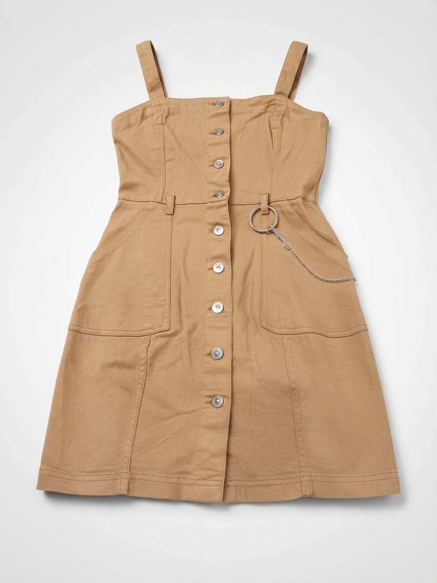 Très jolie robe beige/taupe avec bretelles, fermeture boutonnée sur le devant et grandes poches pratiques. Elle est également ornée d’une chaînette argentée pour une touche Y2K/streetwear ✨