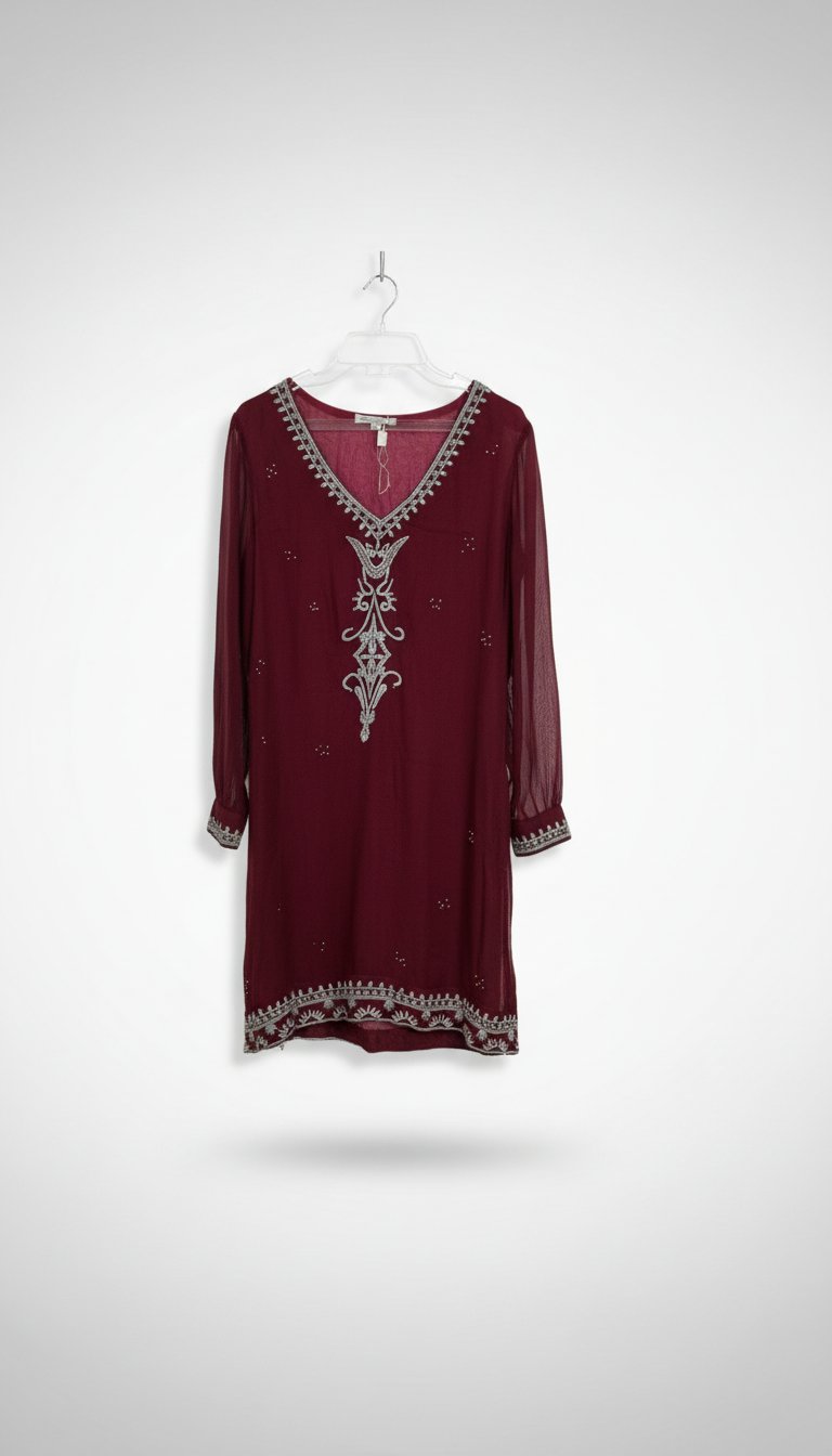 Tunique / Caftan court bordeaux brodé argenté – Taille M
