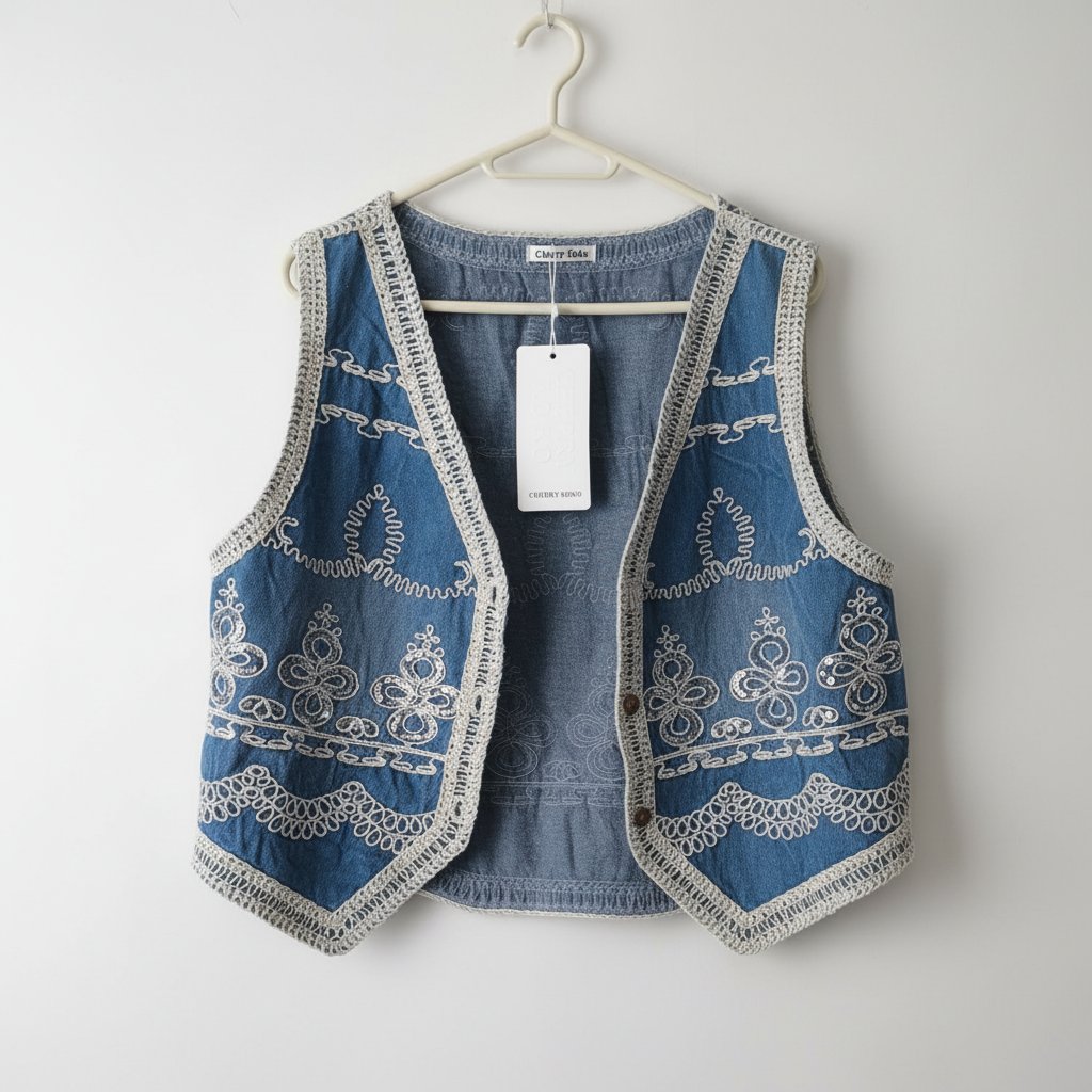 Gilet en jean brodé style bohème avec détails crochet – Taille unique