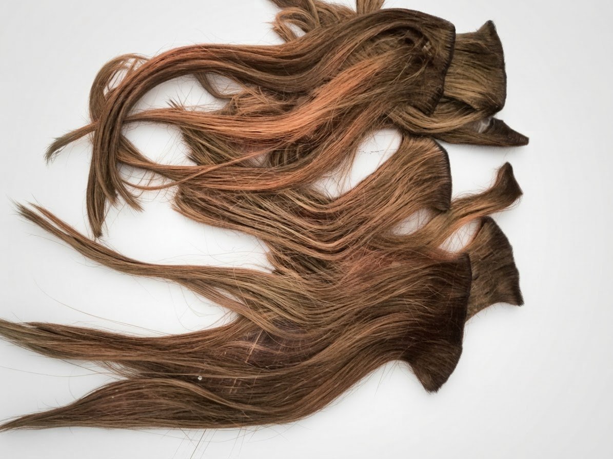 Kit d'extensions de cheveux naturels 7 bandes (tissages / clips) – Châtain lumineux de différentes largeurs pour une pose naturelle sur l'ensemble de la tête 