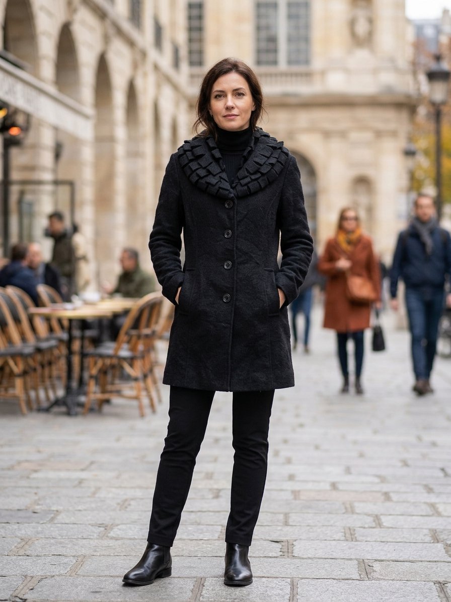Manteau en laine noir chic avec col texturé