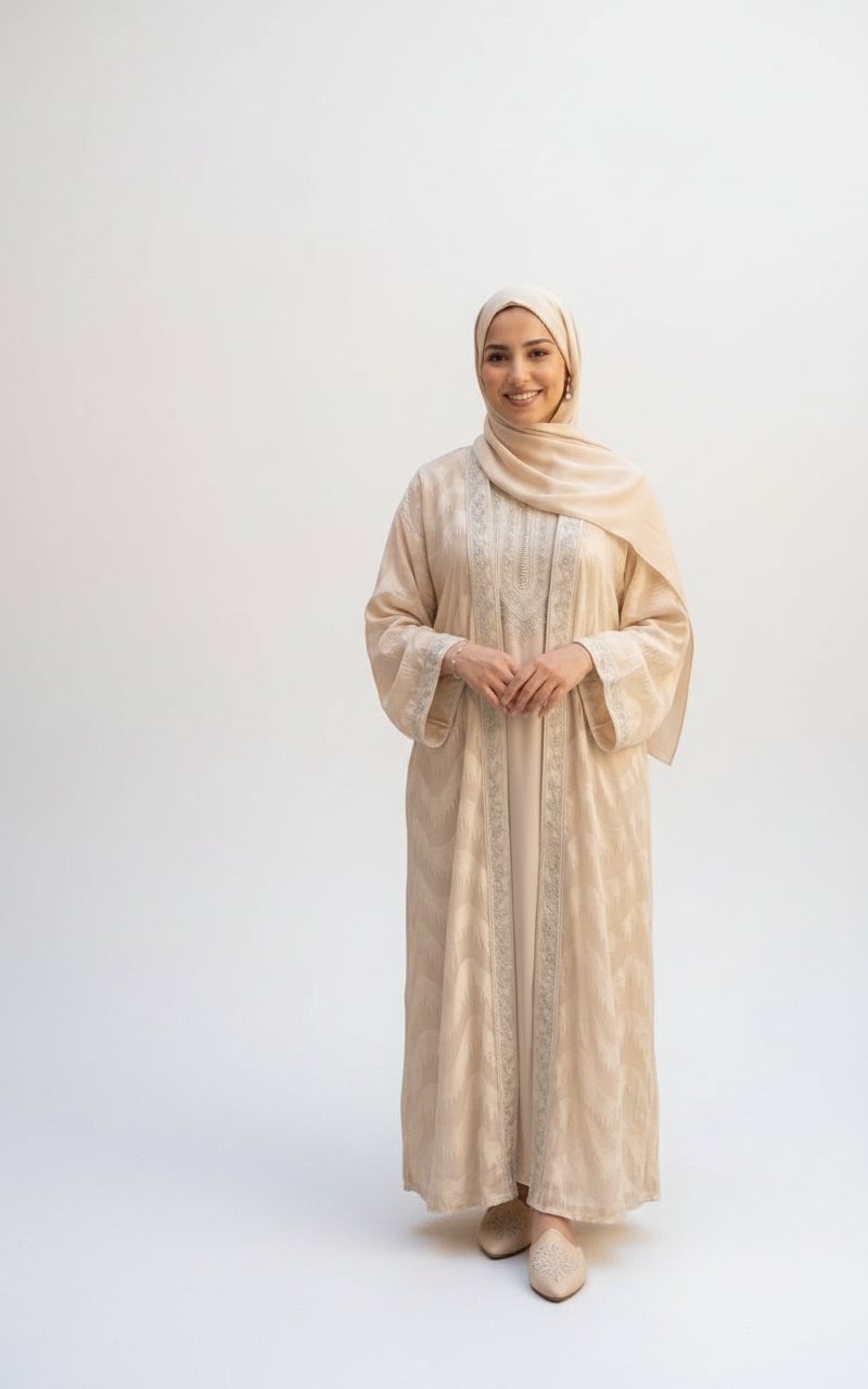 Caftan beige élégant brodé importé de Dubaï Taille 40-46 standard 