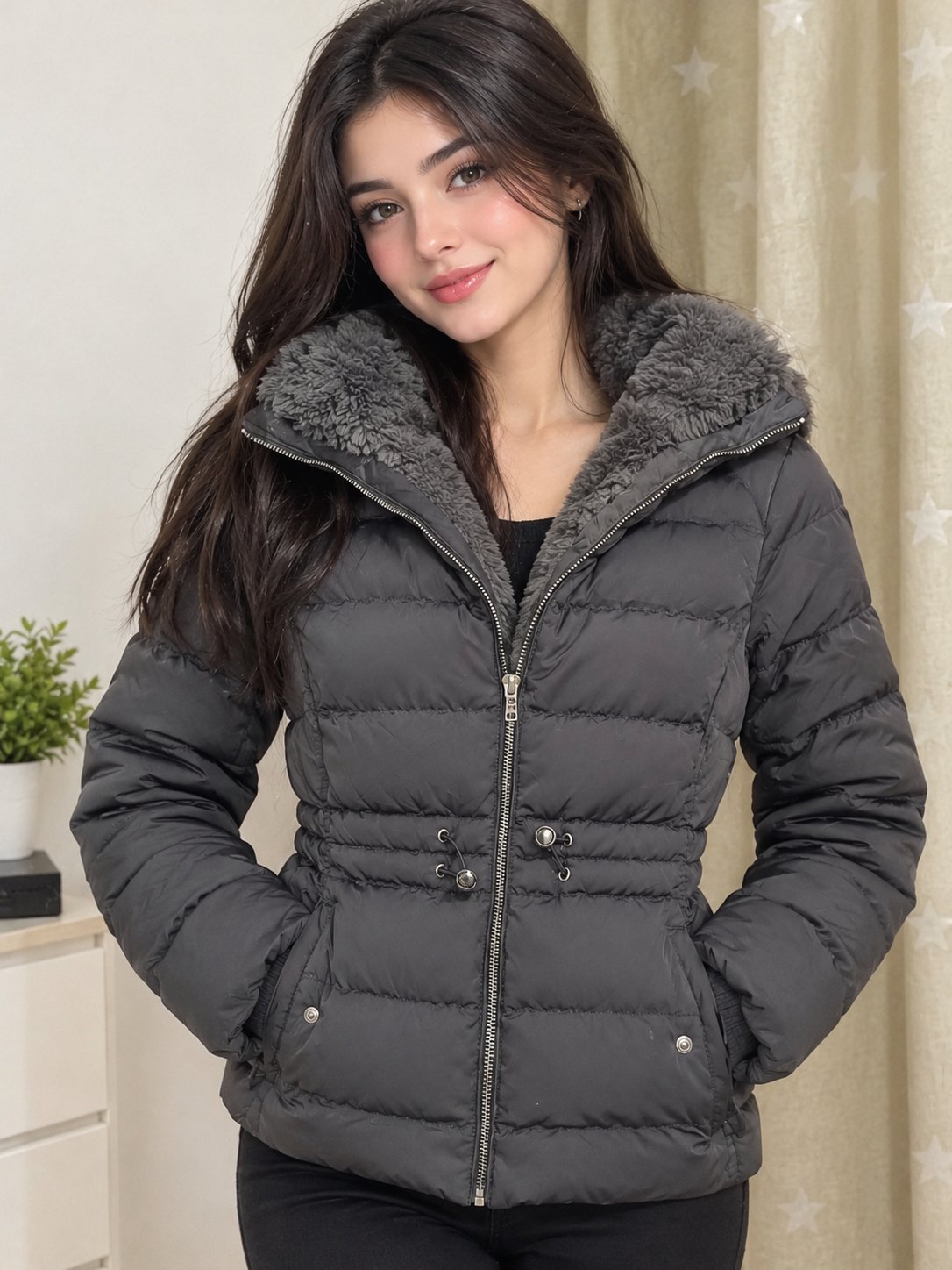 Doudoune femme Zara gris anthracite à col fourré 