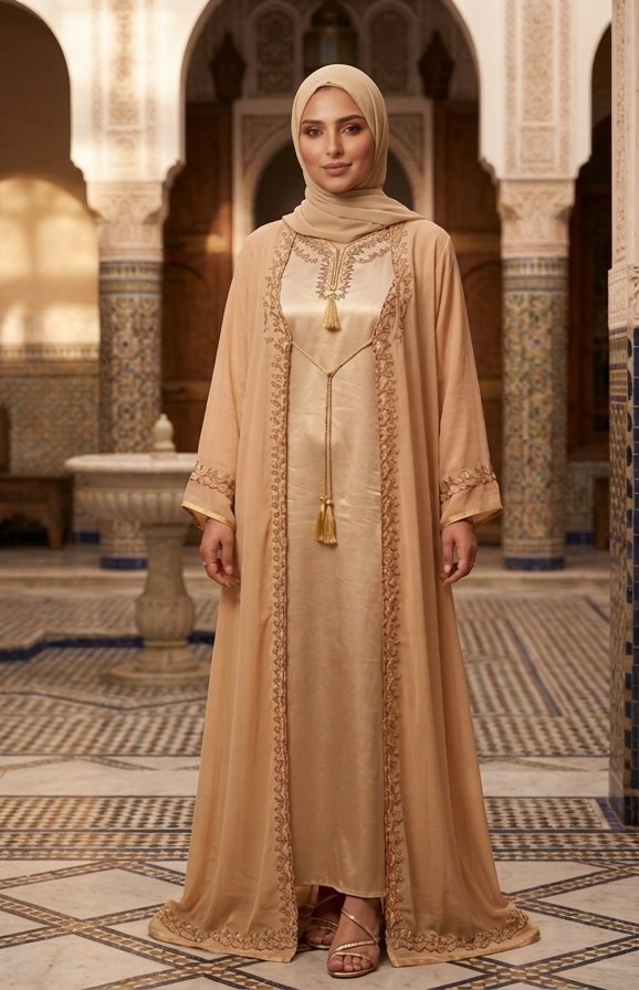 Caftancamel satiné avec cape brodée taille40-46 taille standard 