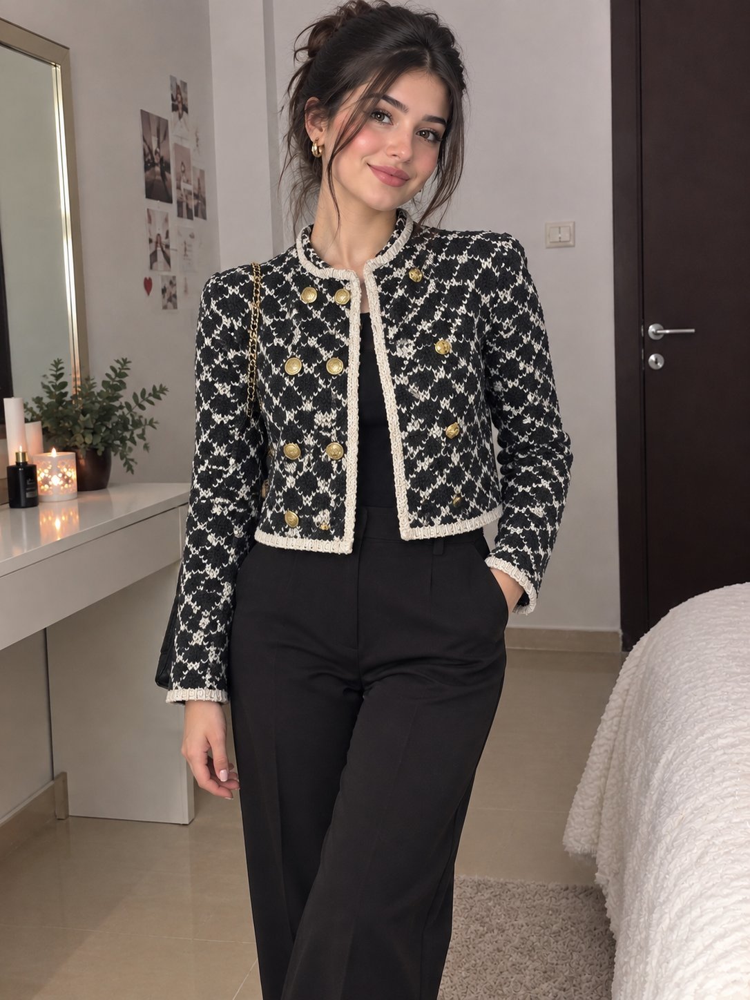 Veste courte en maille jacquard noir et écru – MAX STUDIO