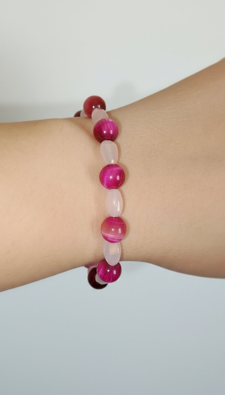 Bracelet pierres oeil de tigre rose et cristaux 