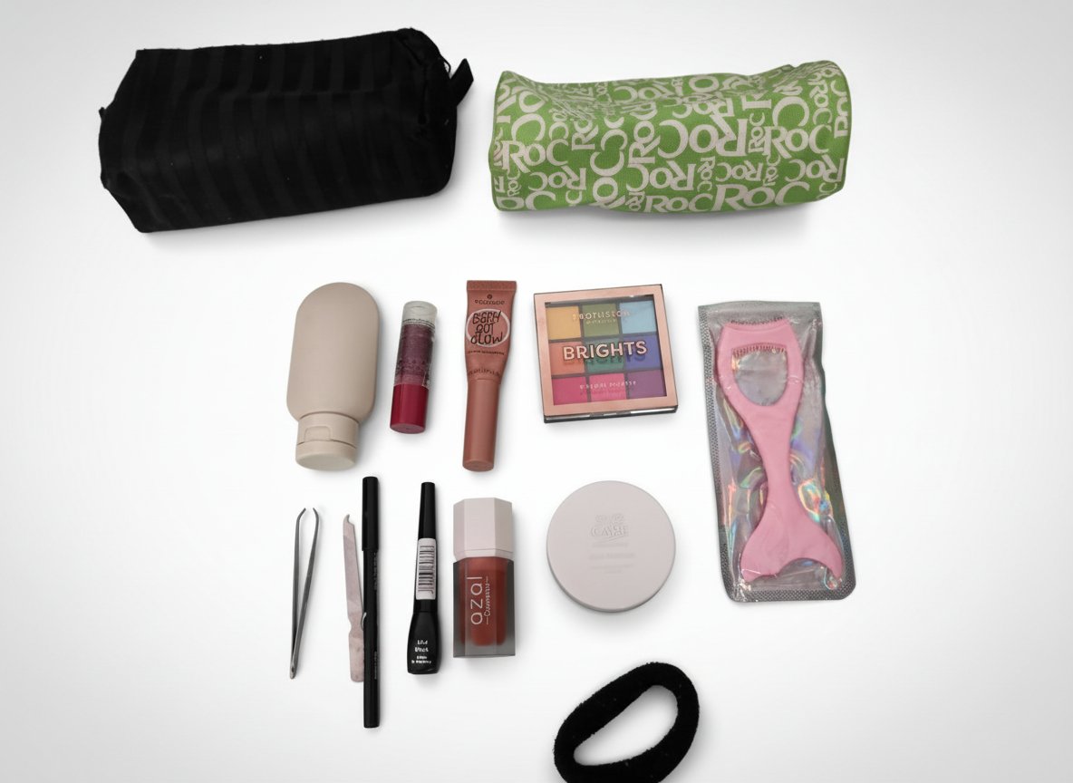 Maquillage à petit prix  :  blush, black eyeliner (neuf jamais utilisé)+ highliter essence+ baume à lèvres essence utilisé +2 trousses maquillage+palette jamais utilisée+ منقاة+ applicateur mascara+ lime ongle+ mini bouteille+ khôl arvea+ poudre eye care 