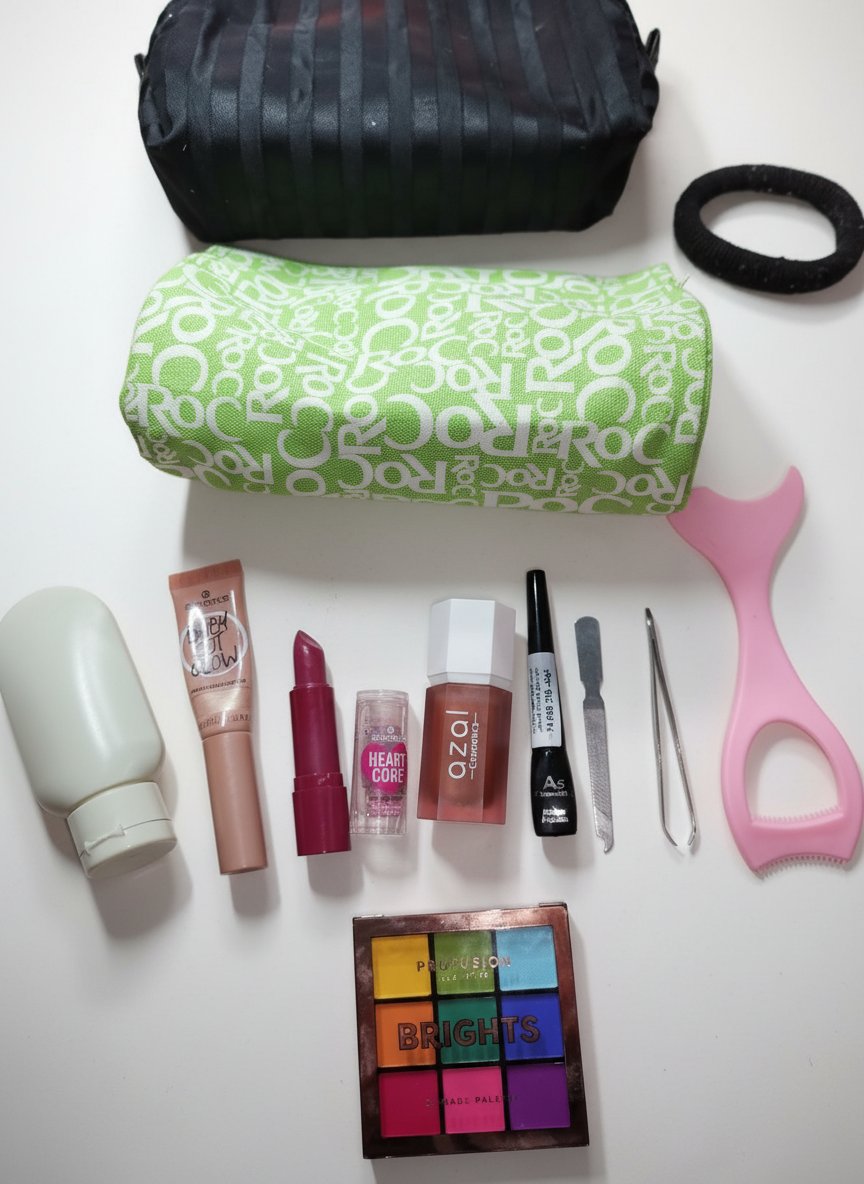 Maquillage à petit prix  :  blush, black eyeliner (neuf jamais utilisé)+ highliter essence+ baume à lèvres essence utilisé +2 trousses maquillage+palette jamais utilisée+ منقاة+ applicateur mascara+ lime ongle+ mini bouteille 
