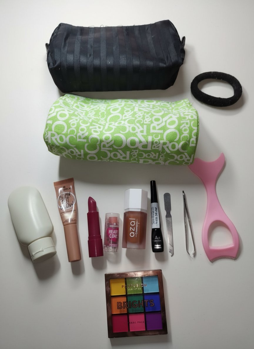 Maquillage à petit prix  :  blush, black eyeliner (neuf jamais utilisé)+ highliter essence+ baume à lèvres essence utilisé +2 trousses maquillage+palette jamais utilisée+ منقاة+ applicateur mascara+ lime ongle+ mini bouteille 