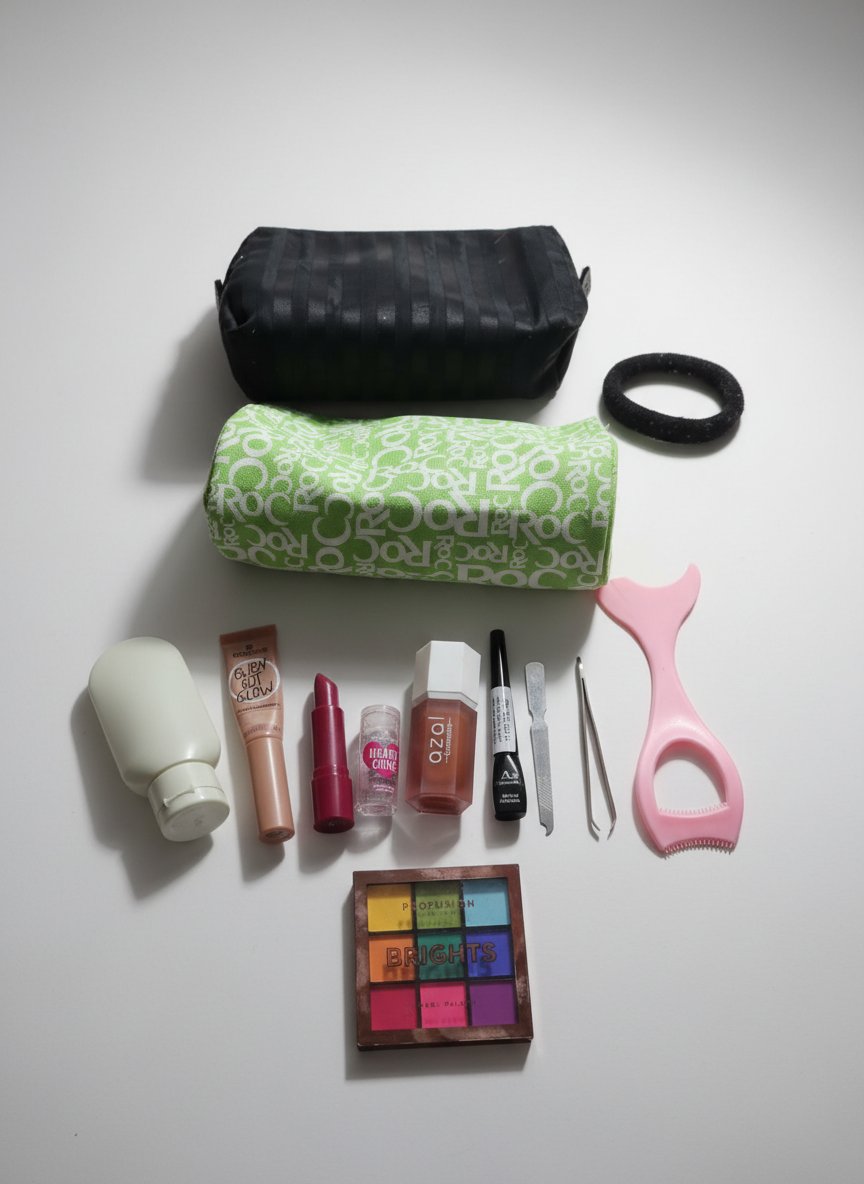Maquillage à petit prix  :  blush, black eyeliner (neuf jamais utilisé)+ highliter essence+ baume à lèvres essence utilisé +2 trousses maquillage+palette jamais utilisée+ منقاة+ applicateur mascara+ lime ongle+ mini bouteille 