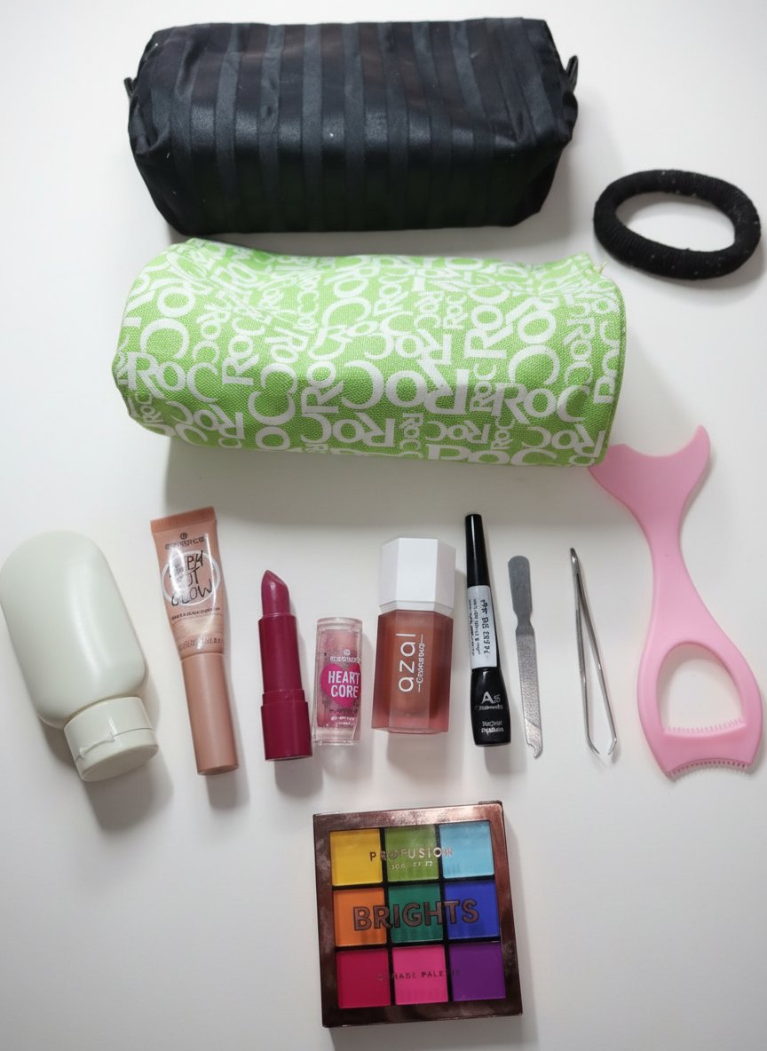 Maquillage à petit prix  :  blush, black eyeliner (neuf jamais utilisé)+ highliter essence+ baume à lèvres essence utilisé +2 trousses maquillage+palette jamais utilisée+ منقاة+ applicateur mascara+ lime ongle+ mini bouteille 
