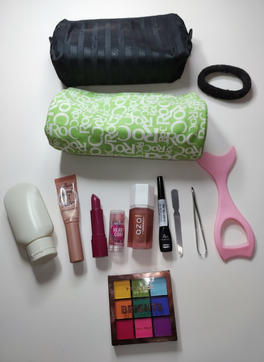 Maquillage à petit prix  :  blush, black eyeliner (neuf jamais utilisé)+ highliter essence+ baume à lèvres essence utilisé +2 trousses maquillage+palette jamais utilisée+ منقاة+ applicateur mascara+ lime ongle+ mini bouteille 