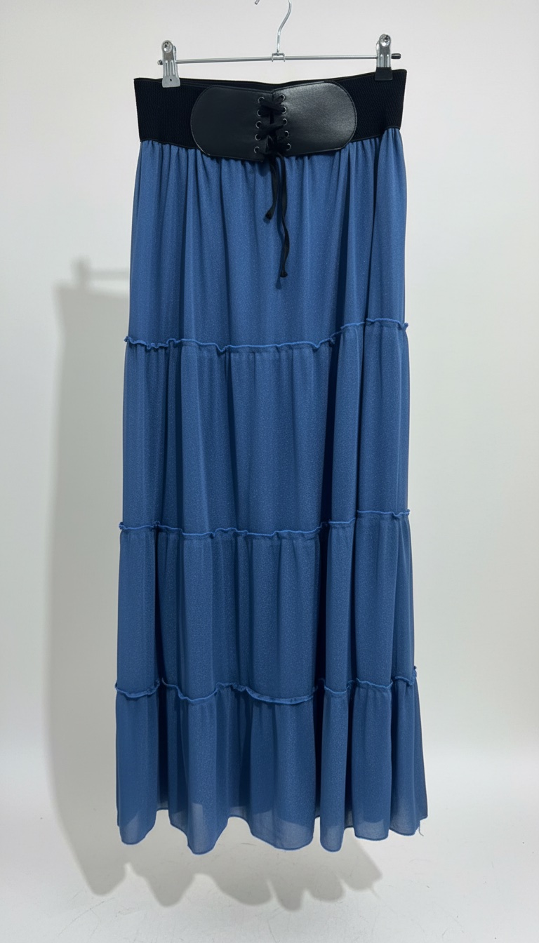 Jupe Longue Bohème à Étages - Bleu Denim