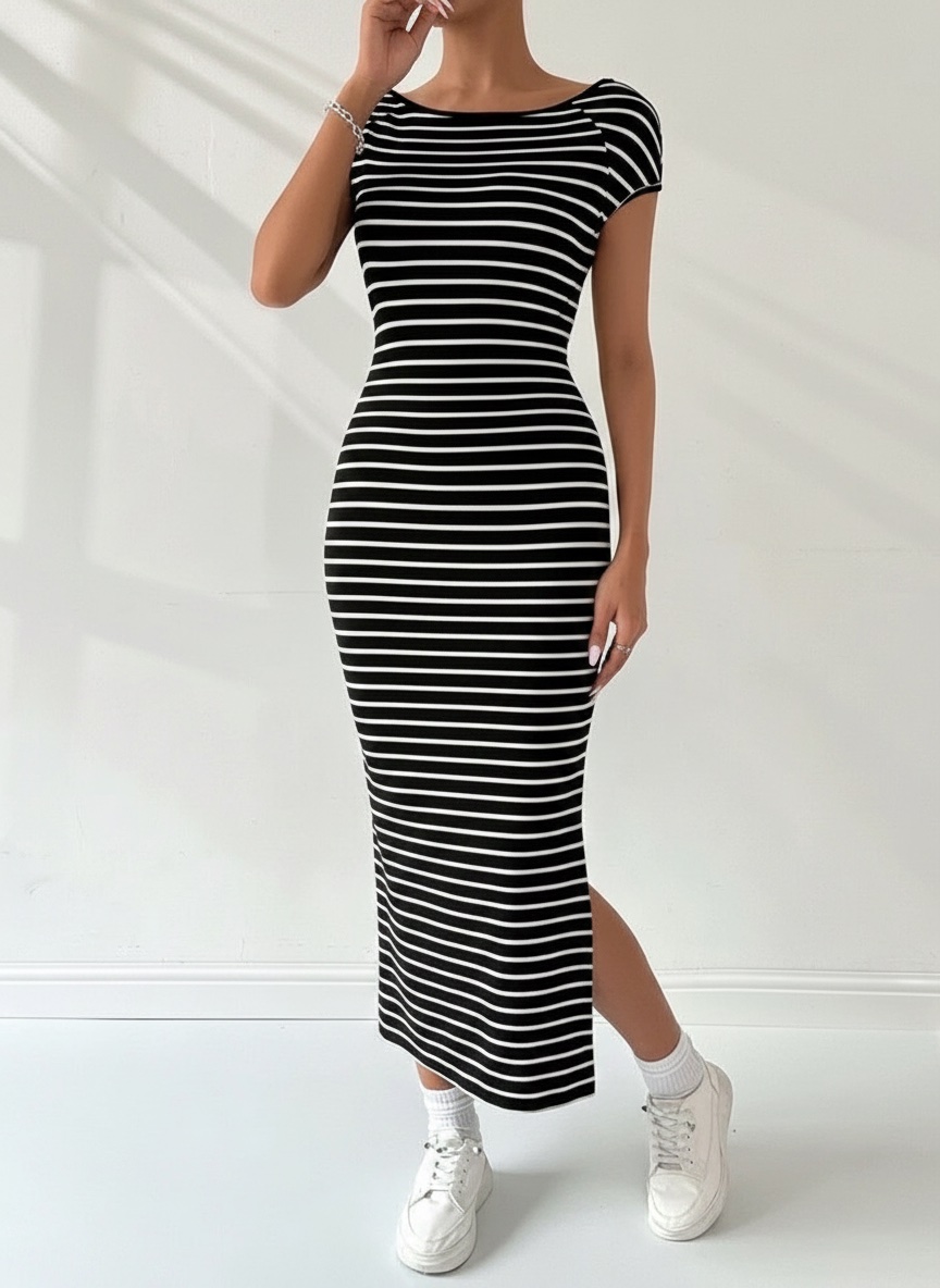 Robe Midi Rayée Noir et Blanc – Coupe  Moulante avec Deux Fentes