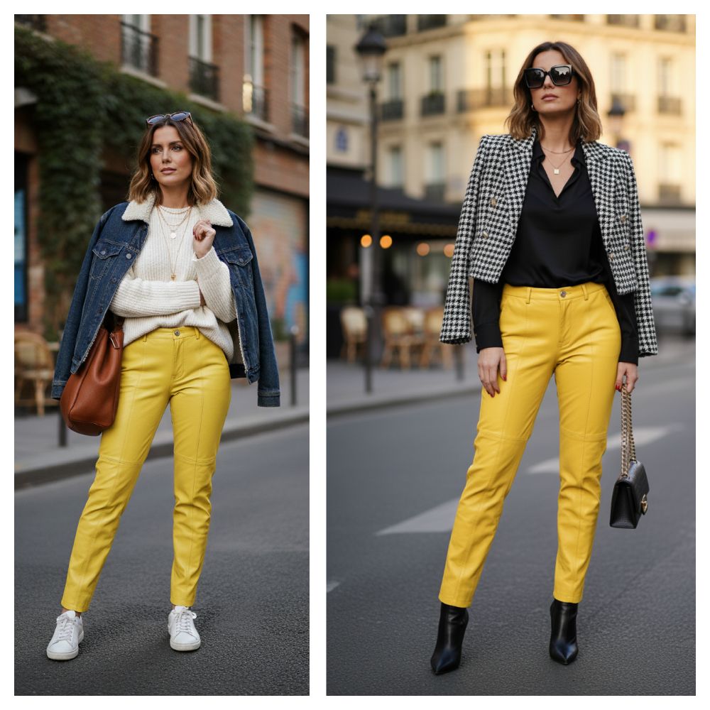 Pantalon en cuir jaune stylish coupe droite de la maison de luxe et haute couture Italienne Brioni. 