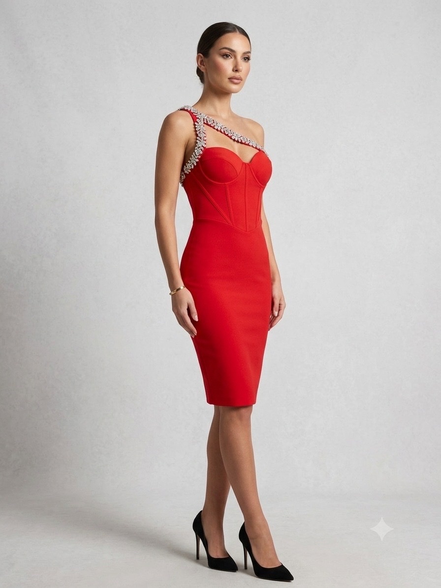 Robe rouge vif à strass portée une seule fois