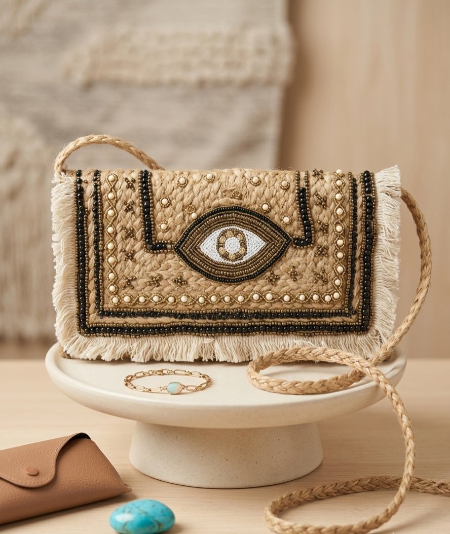  ​Sac Pochette Bohème Chic en Jute – Broderie Artisanale 