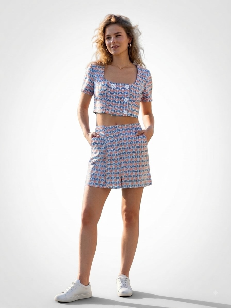 Ensemble crop top et mini-jupe motif rétro