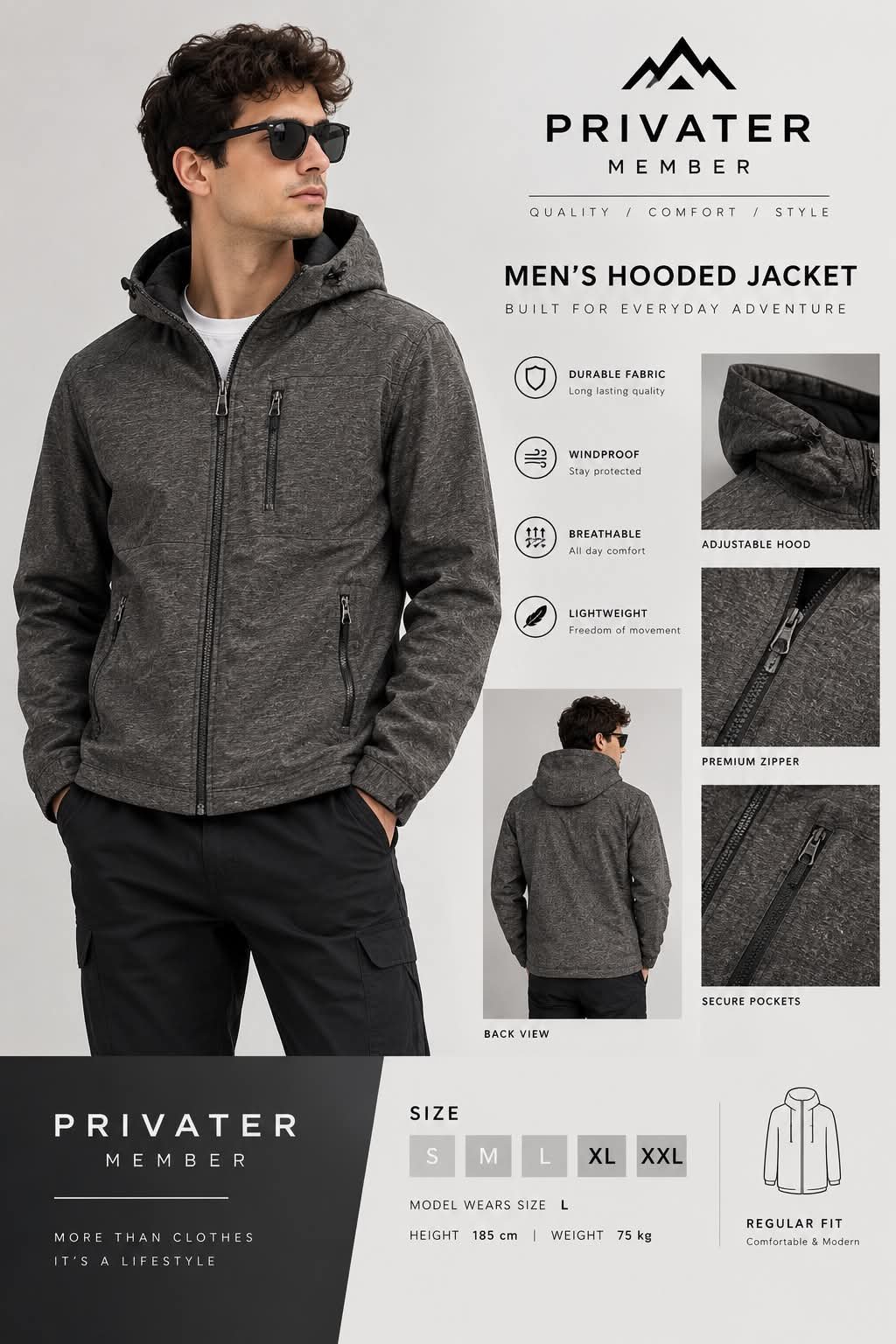 Veste Homme à Capuche PRIVATER MEMBER – Gris Anthracite