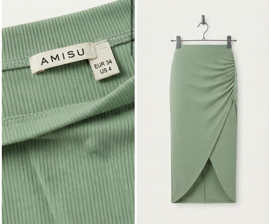 AMISU Ribbed Ruched Asymmetrical Hem Midi Skirt -Sage Green