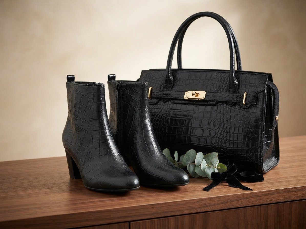 Ensemble sac à main & bottines noires effet croco