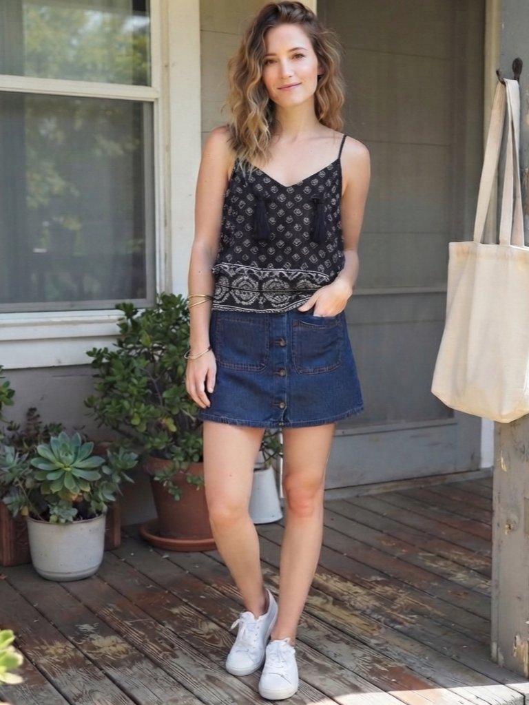 Ensemble bohème chic — Débardeur imprimé + Jupe en jean boutonnée