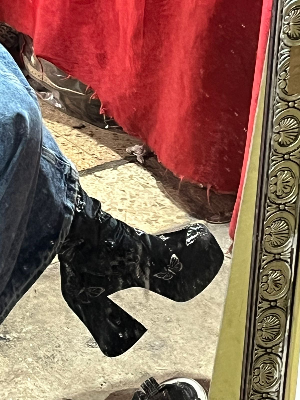 Bottes hautes en velours noir gothique avec des motifs papillons scintillants, avec talon épais et platefome confortable.