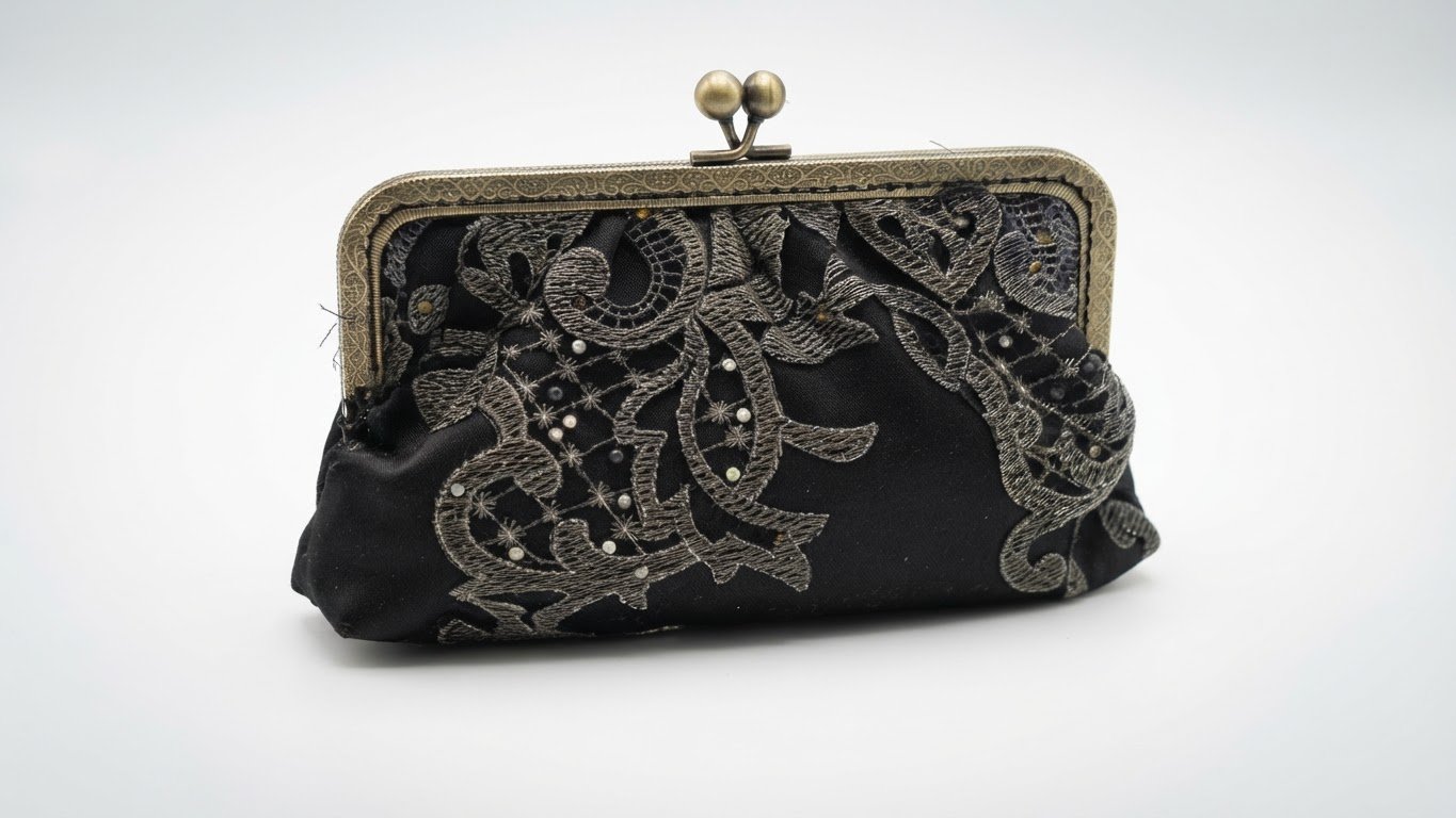 Pochette soirée hand made tissu en tulle brodé avec du fils dorés et argent