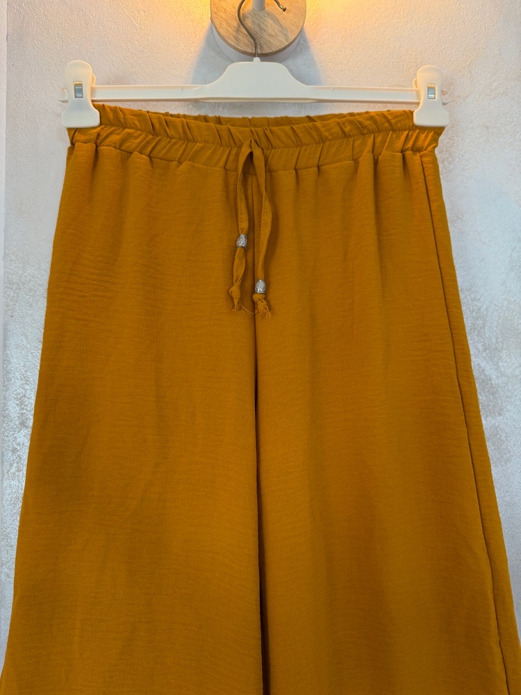 Pantalon fluide large moutarde – taille élastique taille sghira tlabes M ou S