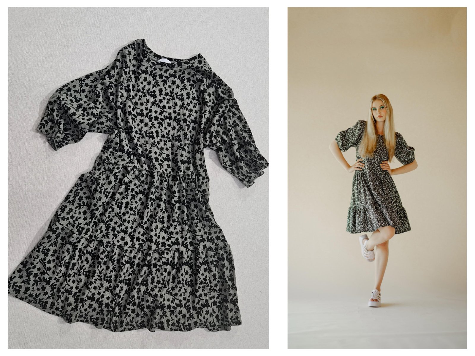 Robe Courte Fluide à Imprimé Fleuri et Manches Bouffantes