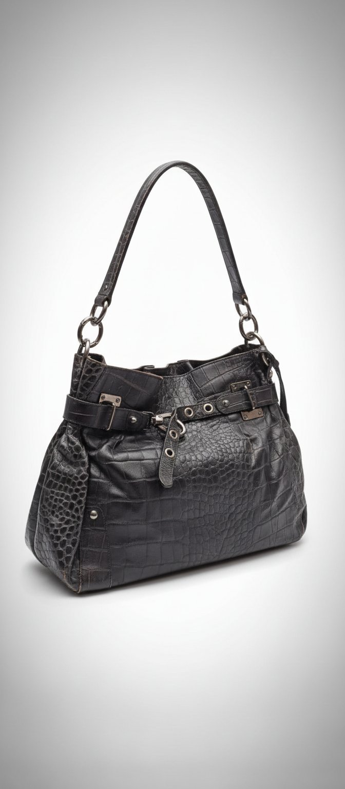 Sac à main de marque en cuir croco marron foncé en très bon état 