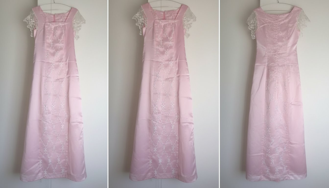 Robe longue satin rose bébé et dentelle