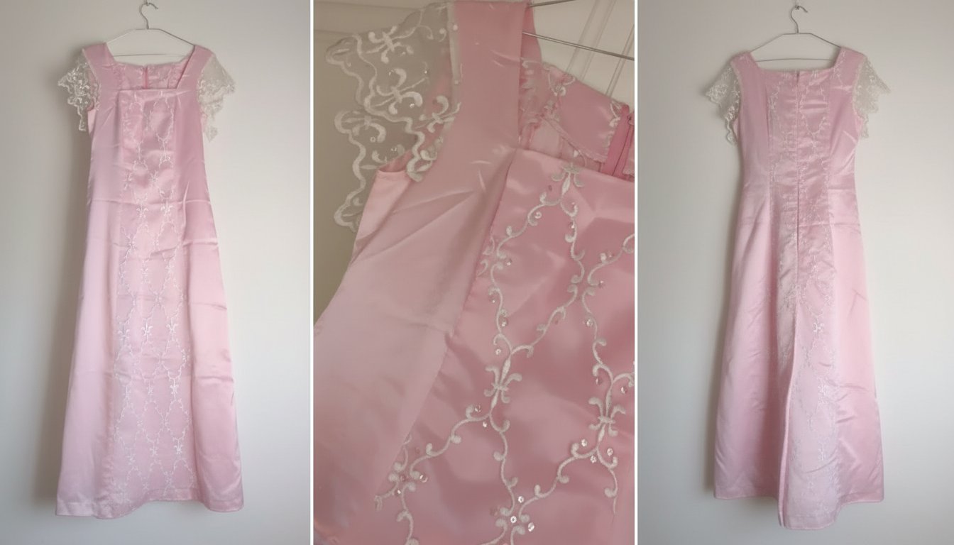 Robe de soirée rose poudré finement brodée et paillettée